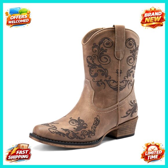 Women's Cowboy Ankle Boots Chunky Heel Square Toe Western Booties